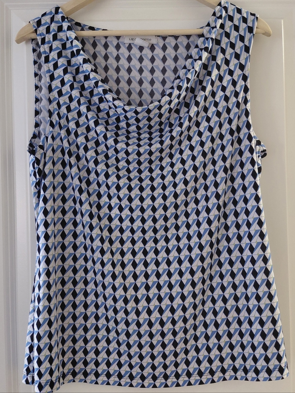 Liz Claiborne Blue and White Geometric Cowl Neck Sleeveless Top